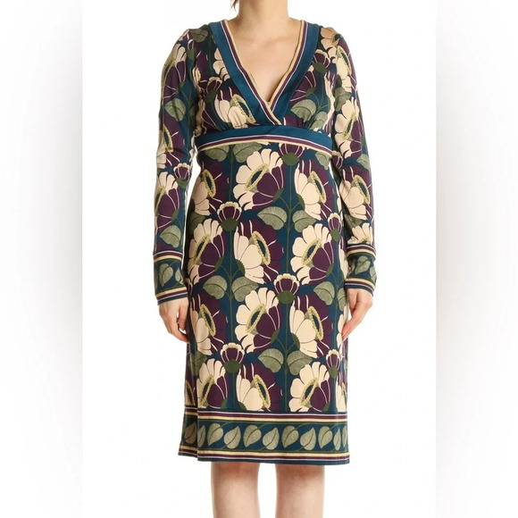 TRINA TURK BLUE PLUM NUDE GREEN FLORAL A-LINE SILK MIDI DRESS SIZE 4 - Picture 1 of 8